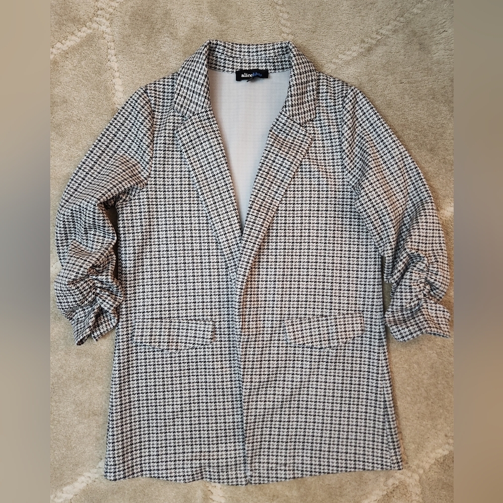 Women's Monochrome Plaid M Polyester Blazer Black White Biege Gathered Sleeve